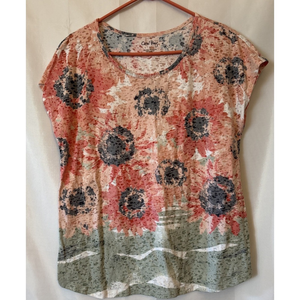 Coral Bay Cap Sleeve Semi Sheer T Shirt women's top size L Beach Vacation Resort